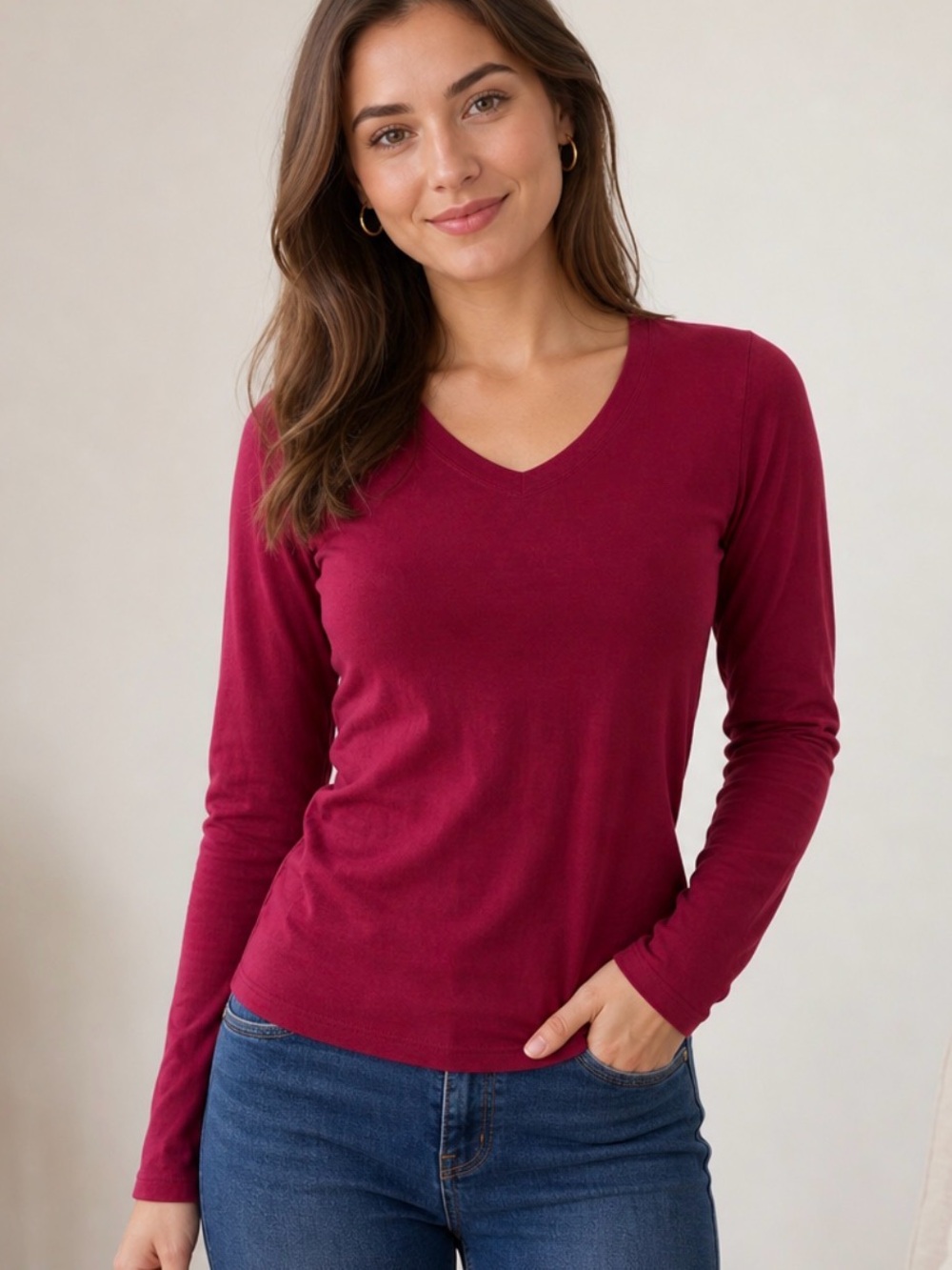 Reebok Women's Long Sleeve V-Neck Top - Raspberry, Sz XS